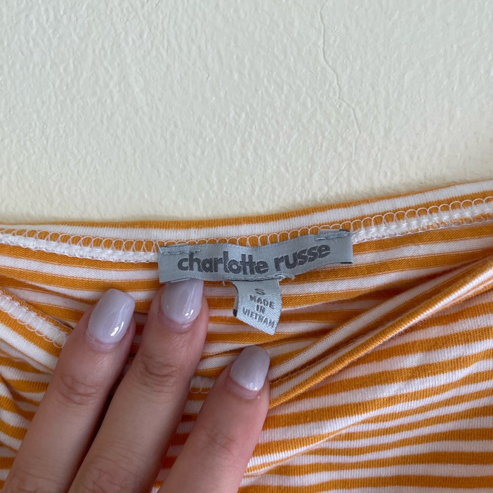NWOT Charlotte Russe Mustard and White Striped Off The Shoulder Tee